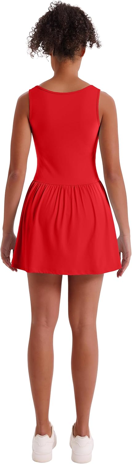 Desol Athletic Dress for Women Square Neck Sleeveless Built in Shorts with Pockets Tennis Dress Golf Active Workout Dress