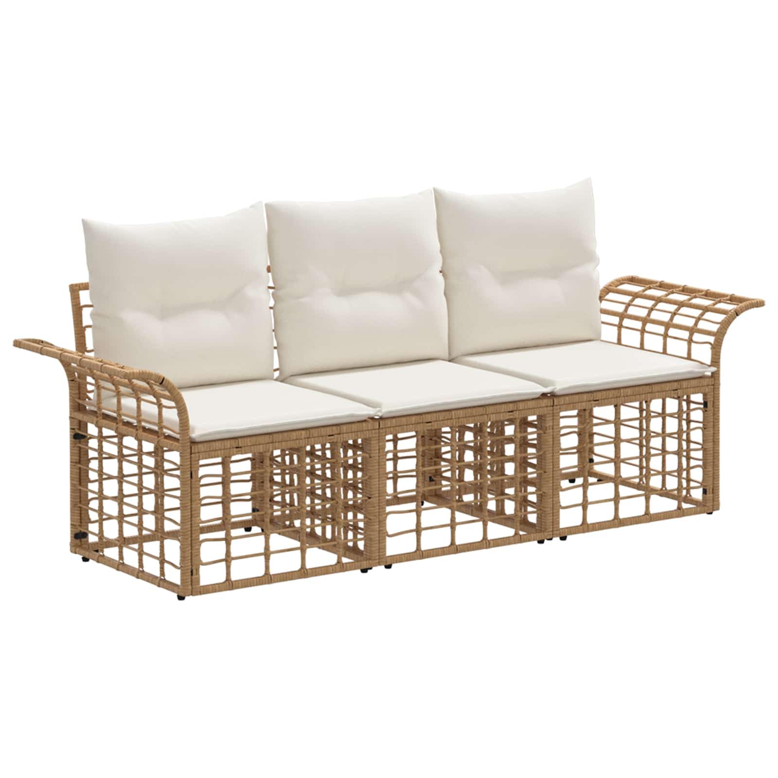 Juego de sofás de exterior de 3 piezas, muebles de jardín de polirratán, conjunto de asientos modulares para terraza y balcón, incluye cojines, color blanco crema y natural