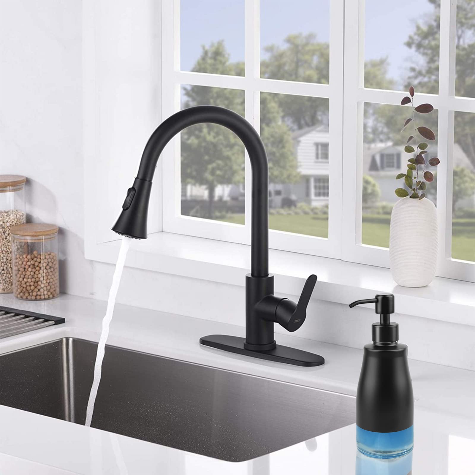 AUMIO 2 distributori di sapone, cassa in acciaio inox, rivestimento in vetro, dispenser pompa a mano, dispenser di sapone liquido ricaricabile per bagno e cucina – nero opaco