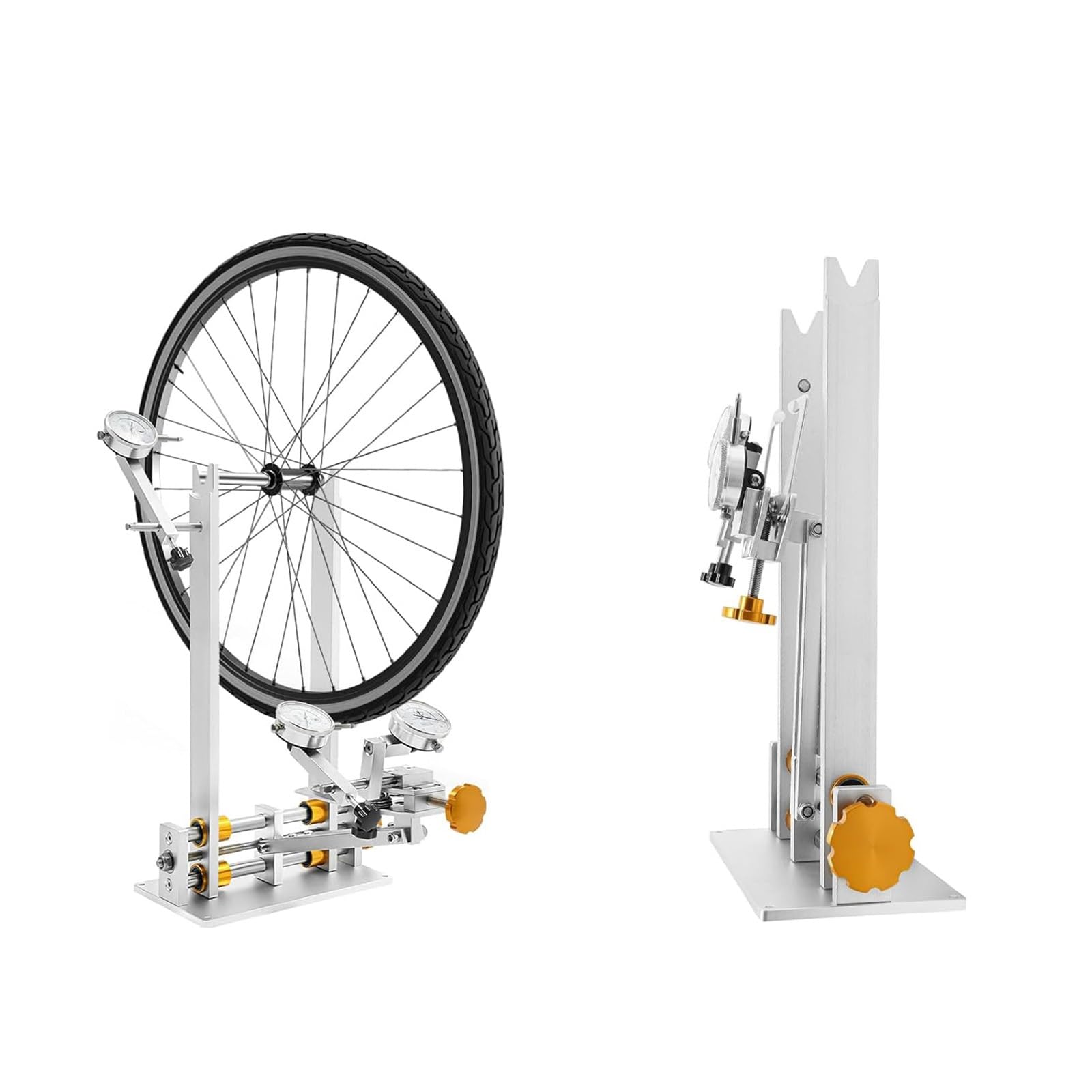 Herramienta Profesional para Centrar Llantas con 3 Medidores, Soporte de Alineación de Ruedas de Bicicleta para Eje Pasante y Eje de Liberación Rápida, para Ruedas de 16 a 29 Pulgadas(Gold)