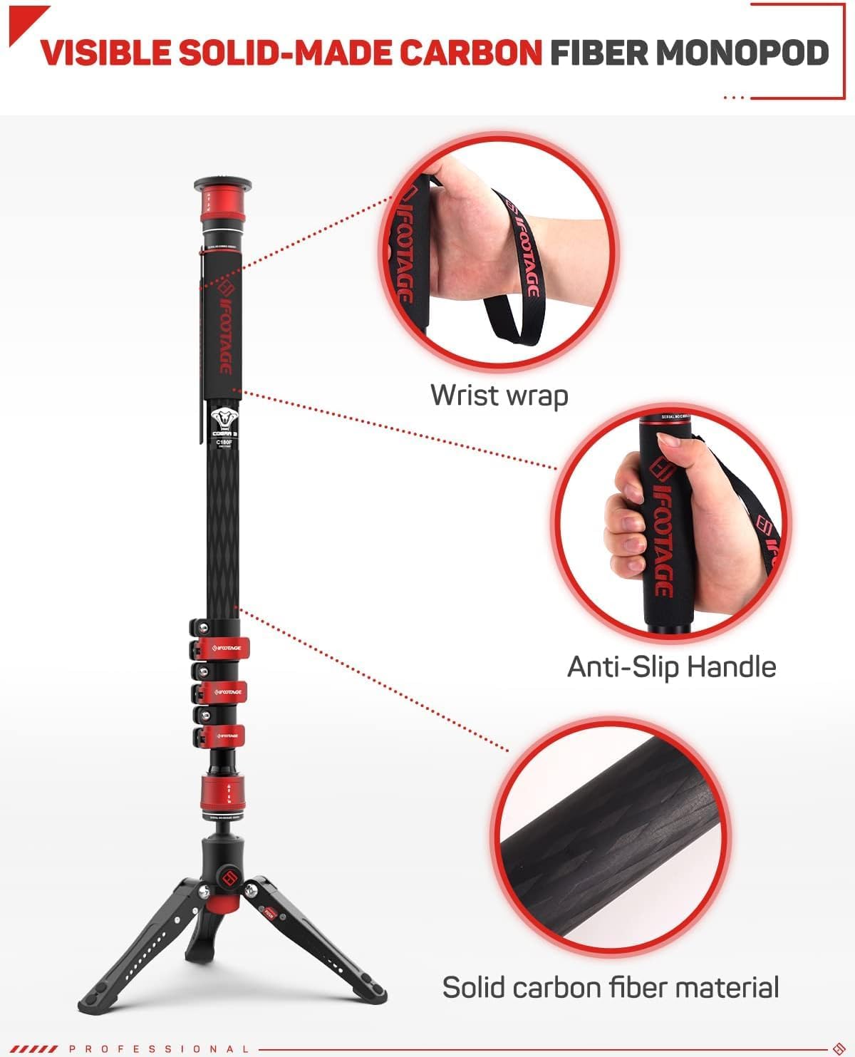 IFOOTAGE Monopod Cobra 3 C180F, 71" Professional Carbon Fiber Monopod for Cameras, Max Load 17.64 lbs, New and Good Item with Defective Box