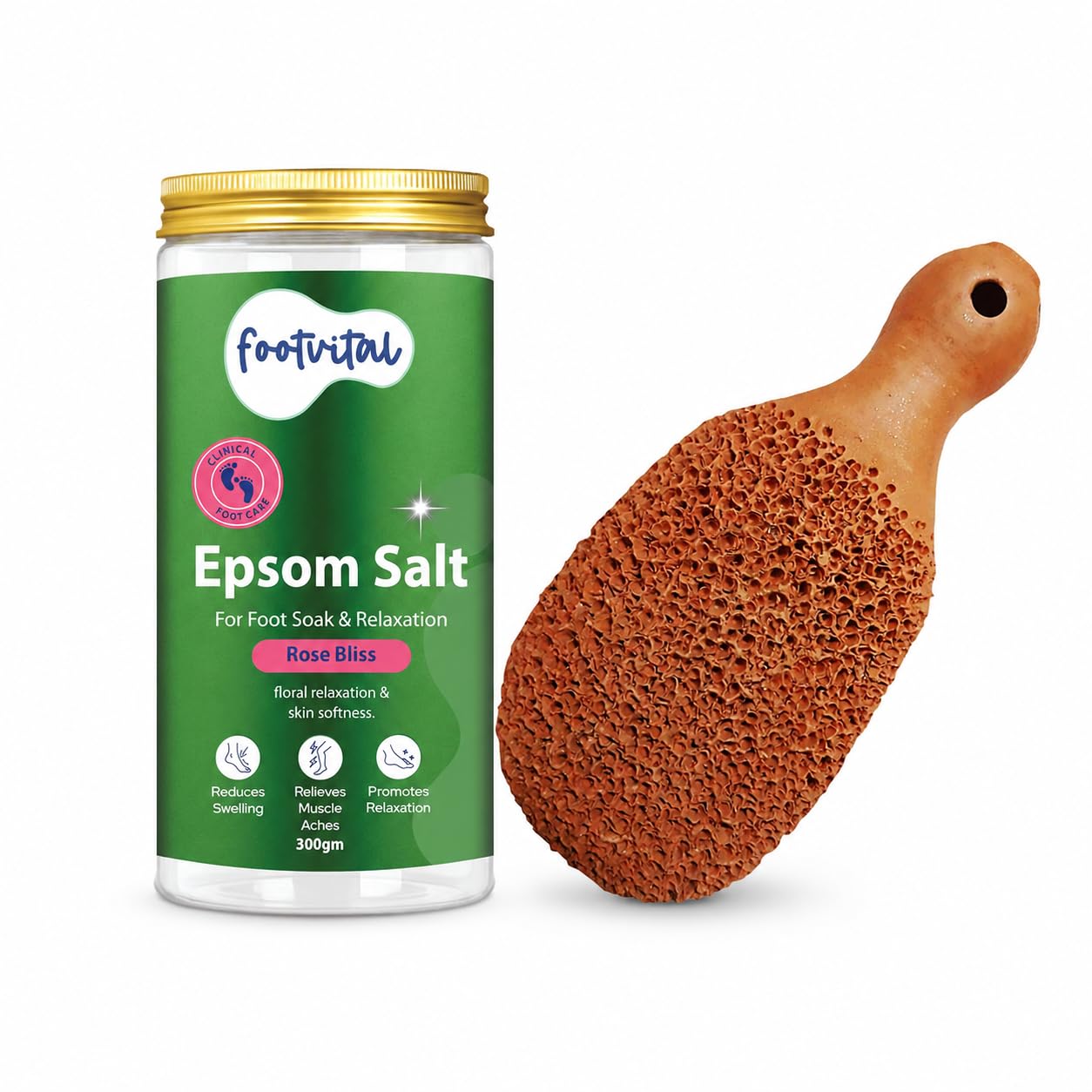 Footvital Foot Spa Combo | Rose Bliss Epsom Salt Foot Soak 300g + Natural Pumice Foot Scrubber for a Relaxing At-Home Foot Spa-image-14