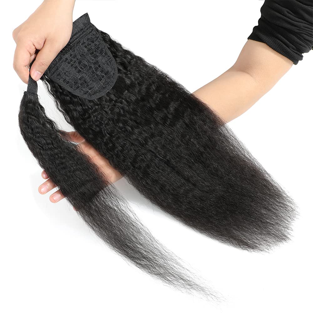 Kinky Straight Ponytail Human Hair Yaki Straight Ponytail Extension for Black Women Wrap Around Ponytail Hair Piece with Magic Paste Ponytail Natural