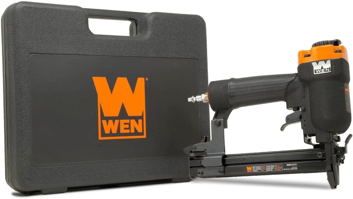 WEN 61711 18-Gauge Pneumatic Narrow Crown Stapler (3/8-1 Inch Staples) - Lightweight Air Staple Gun for Upholstery, Woodworking