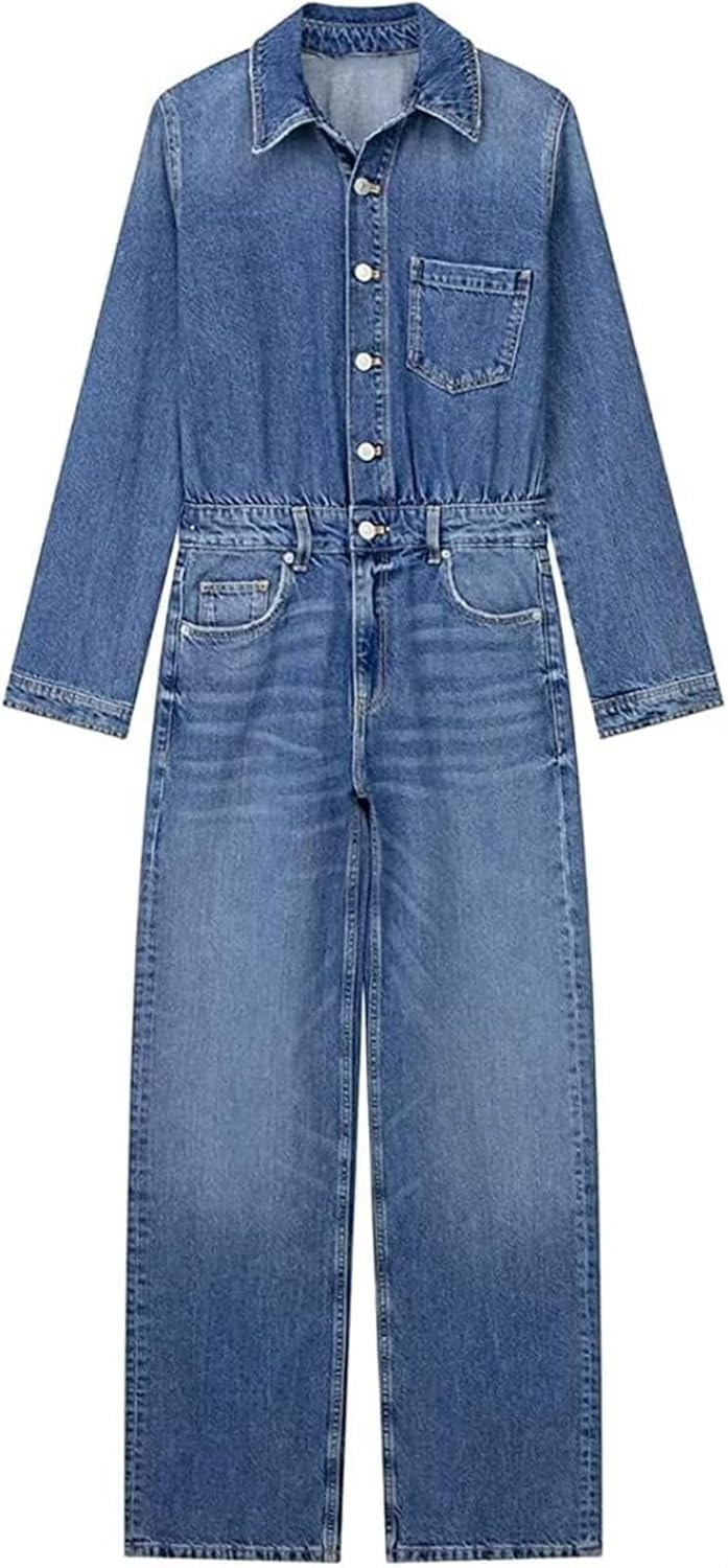Damskie Dżinsowe Kombinezony Wysoki Stan Długi Rękaw Dżinsowy Kombinezon Slim Fit Guzik Luźne Spodnie Dżinsowe Pajacyki, Blue, S