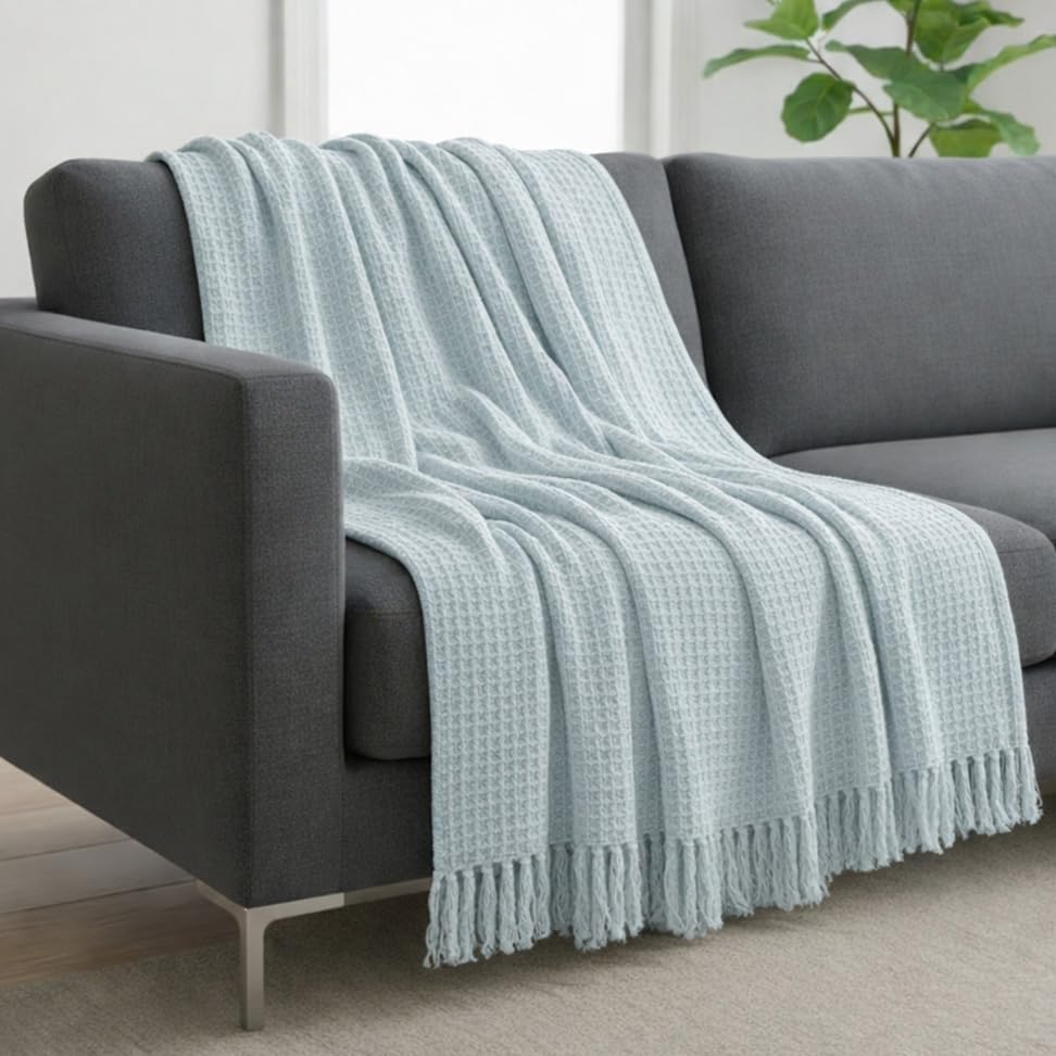 Image of HOMEMONDE 100% Cotton Handloom Waffle Throw Blanket for Sofa & Bed | Soft Lightweight Decorative Throw with Tassels | All-Season Couch, Chair & Bed Throw (50 x 60 Inches - Ice Blue)
