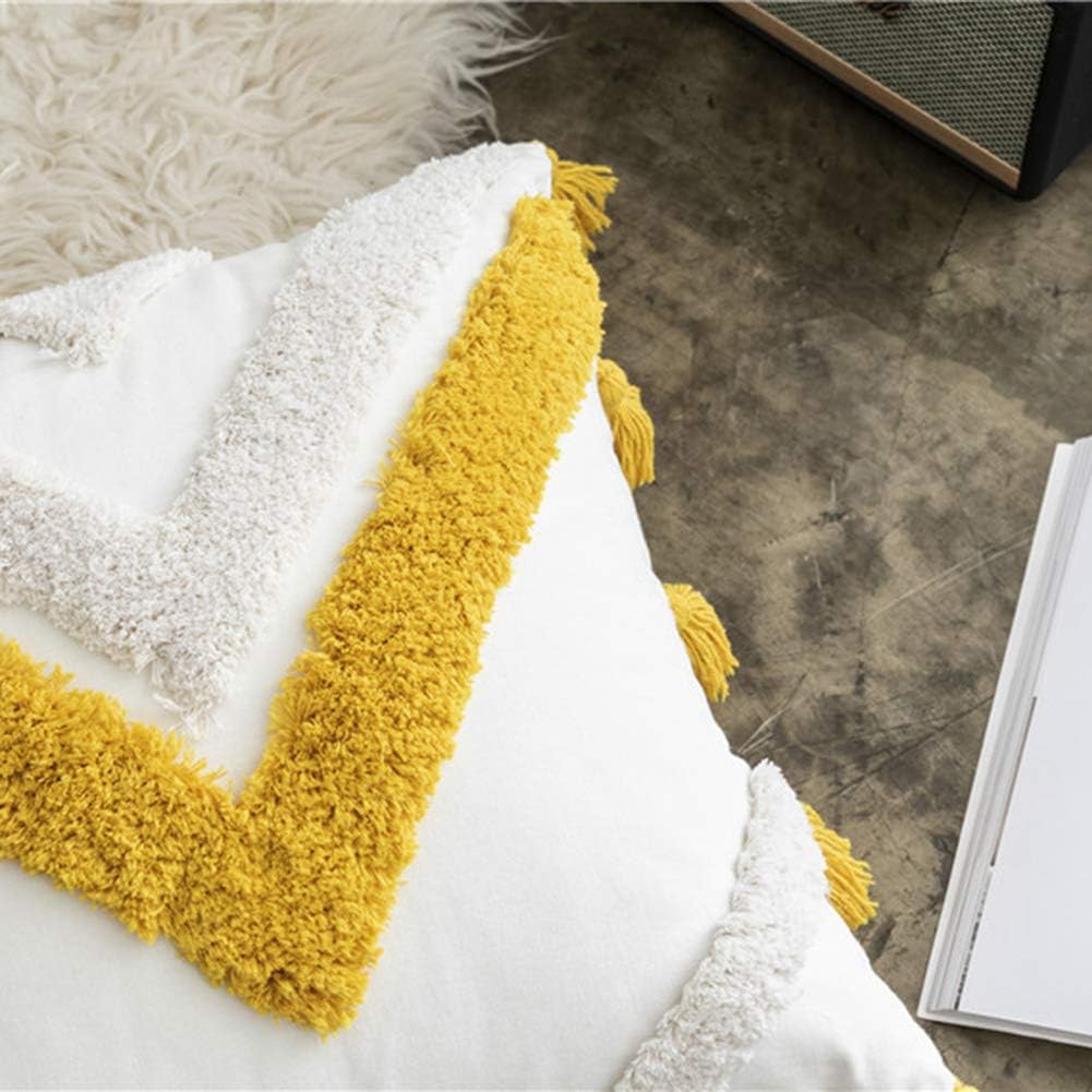 vctops Geometric Embroidery Tufted Throw Pillow Covers 18x18 Inch Farmhouse Cotton Canvas Woven Tufted Tassel Cushion Covers Home Decor (Mustard Yellow,18"x18")