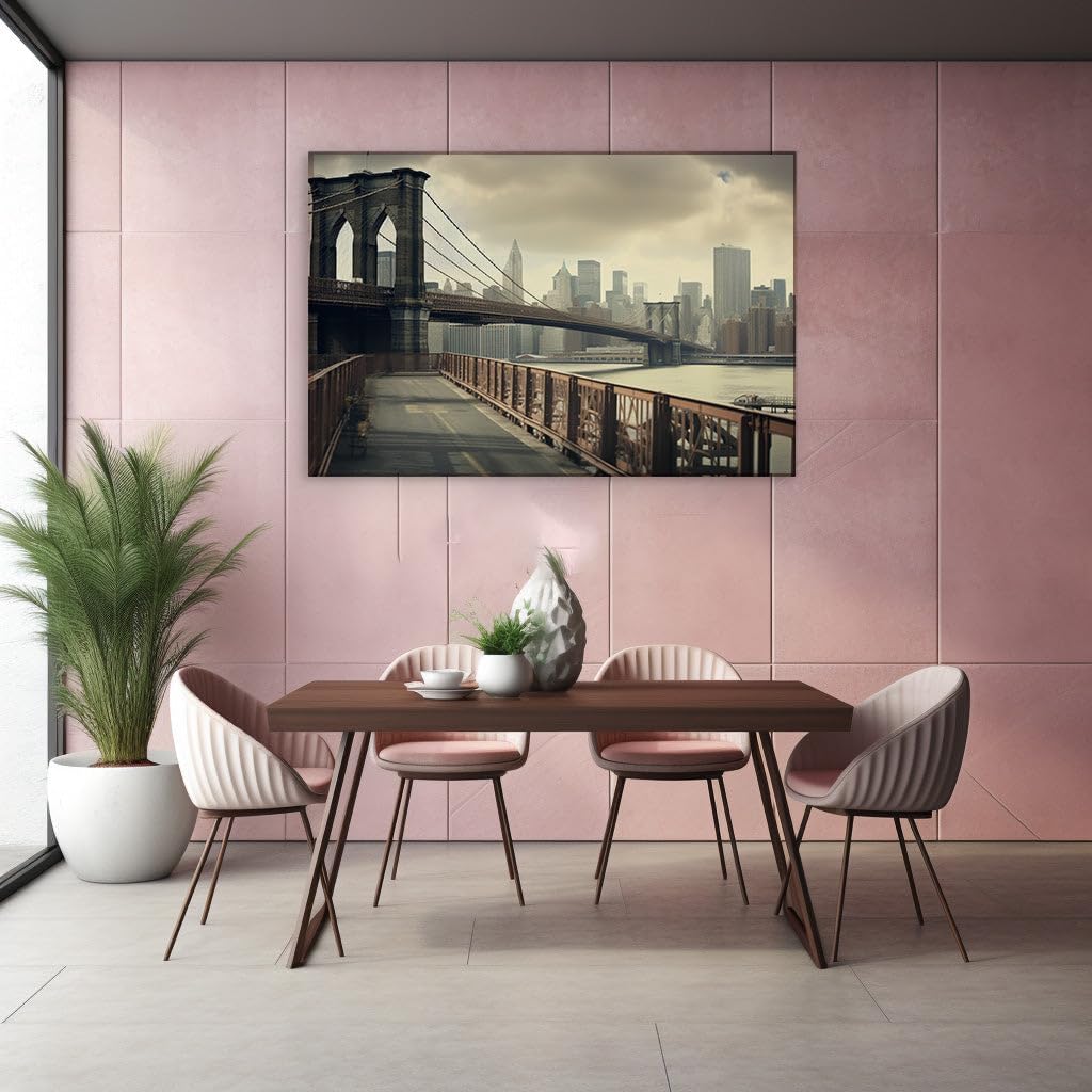 Canvas for Living room. Bridging the Urban Majesty: A Dramatic Portrait of the Brooklyn Bridge Against the Manhattan Skyline, 27 x 18 inch Canvas Wall Art - Ready to Hang