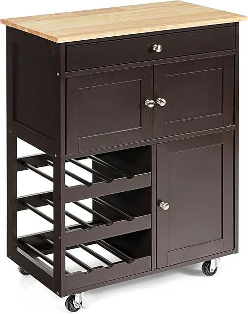 COSTWAY Kitchen Serving Trolley, Rolling Storage Island Cart with Drawer, 3 Tier Wine Racks, 2 Cabinets, Rubber Wood Tabletop and Wheels, Utility Storage Cabinet for Home Office and Restaurant (Black)