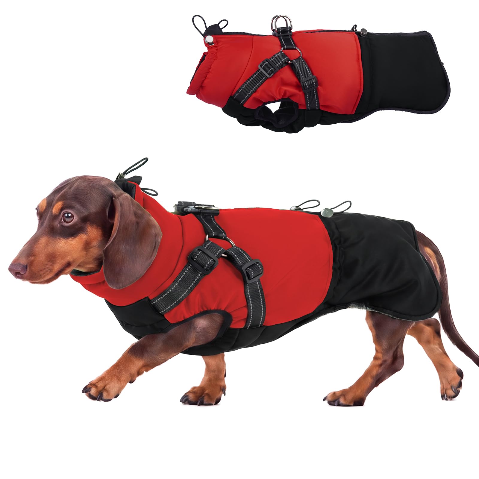 Hjumarayan Dog Winter Coat with Harness, Fleece Jacket, Back Zip Easy Wear