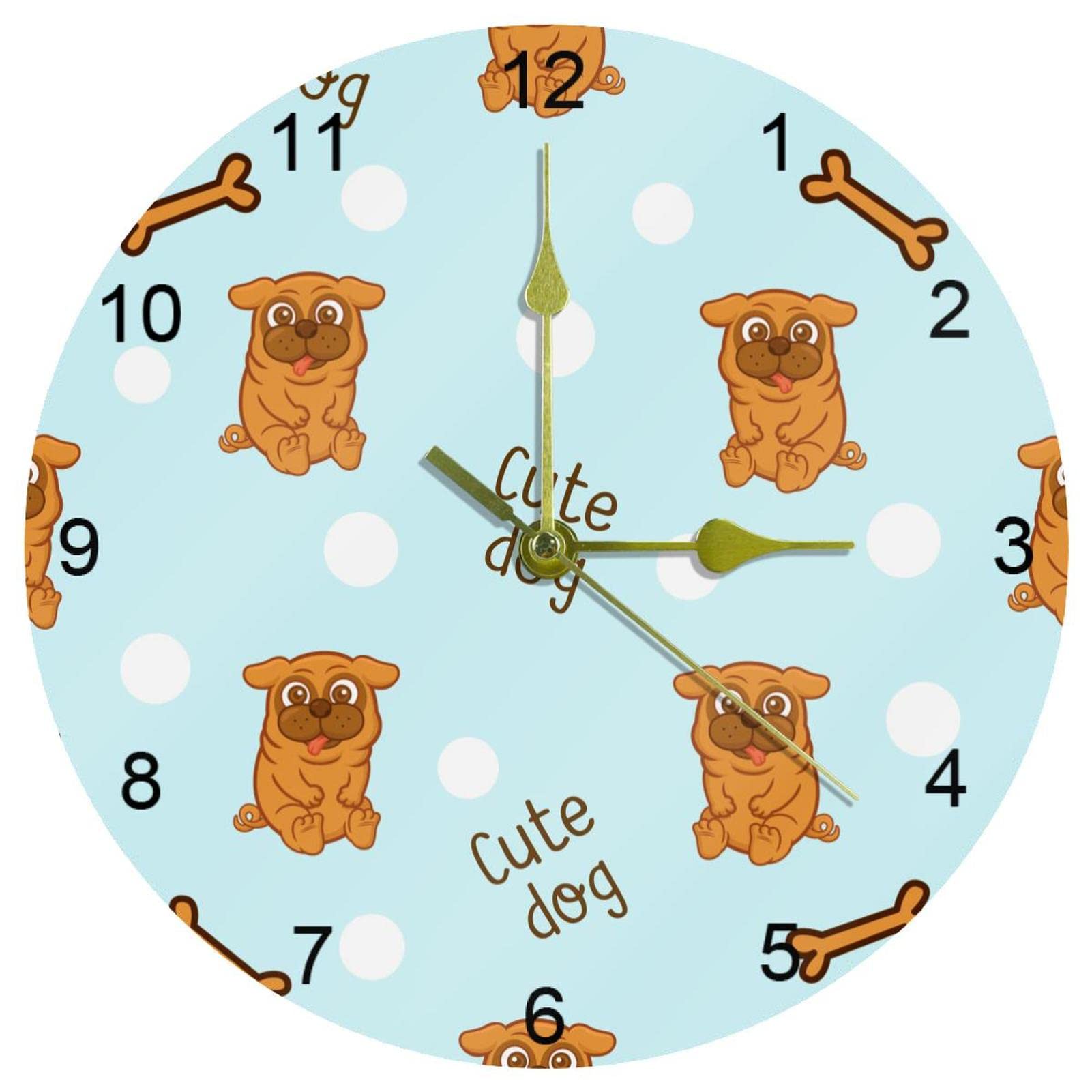 Horloge murale ronde pour cuisine et salon style chien mignon à piles