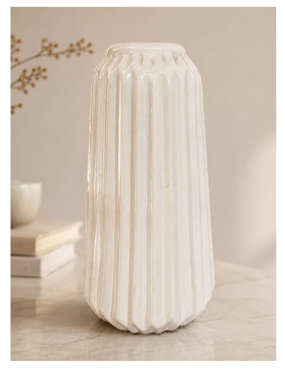 SPHINX Ceramic Bud Vase for Flowers & Pampas Grass | Modern Nordic Flower Vase for Living Room, Dining Table, Shelf, Office & Home Decor (No flowers)- (Tapered Ribbed White)