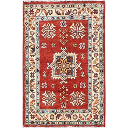 Shahbanu Rugs Chili Red Special Kazak With Geometric Pattern Hand Knotted Wool Rug (2'0" X 3'0") #TOP26