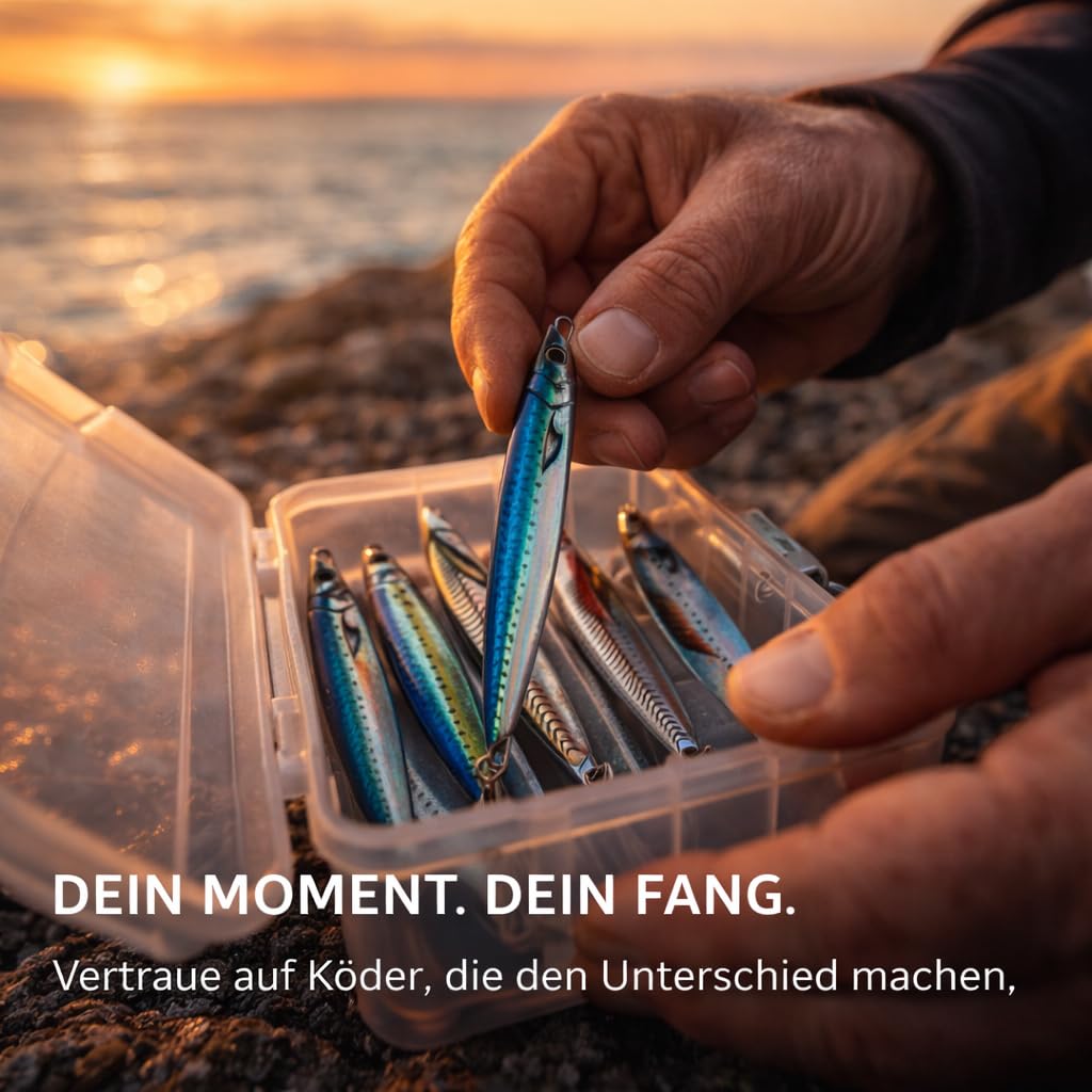 5er Set Angelköder Metal Jigs – 40g Pilker für Meerforelle, Wolfsbarsch, Makrele & Barsch – Schlanke Weitwurf-Köder mit holografischem Design & 3D-Augen – Salzwasserfest