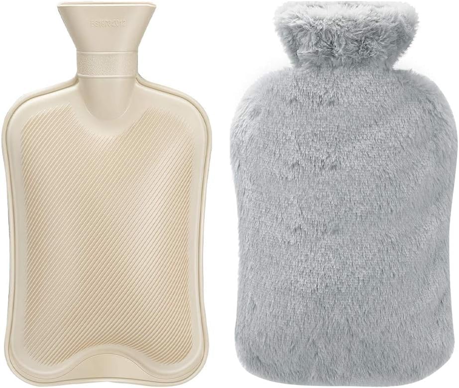 KaTiSeMo Rubber Hot Water Bottle, 2L Hot Water Bag with Soft Removable Covers, Premium Classic Rubber Hot or Cold Water Bottle for Menstrual Cramps, Neck and Shoulder Pain Relief?Grey?