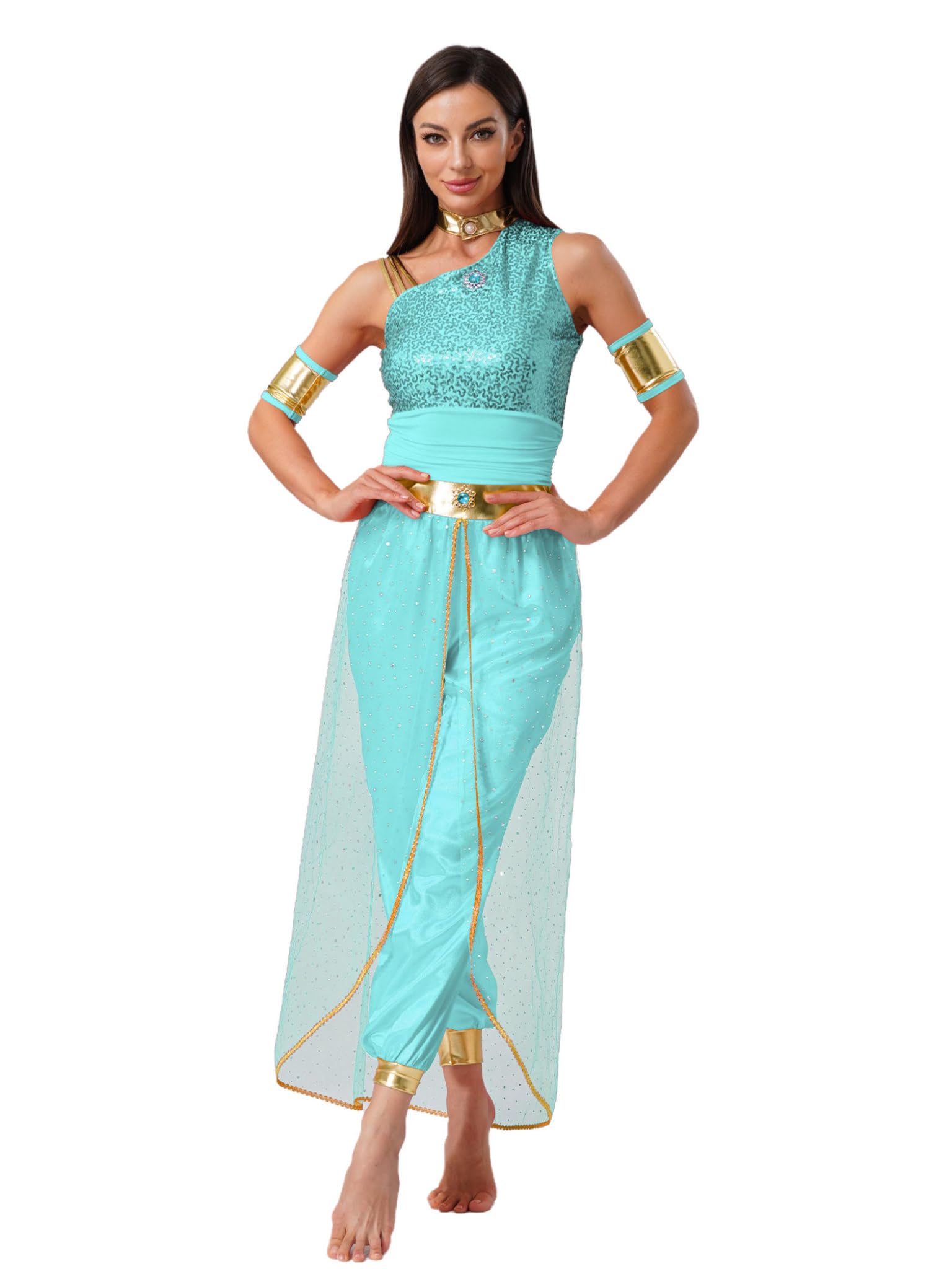 Runhomal Women's Arabian Princess Costume India Fancy Dress Performance Belly Dance Outfits Mint Green XXL