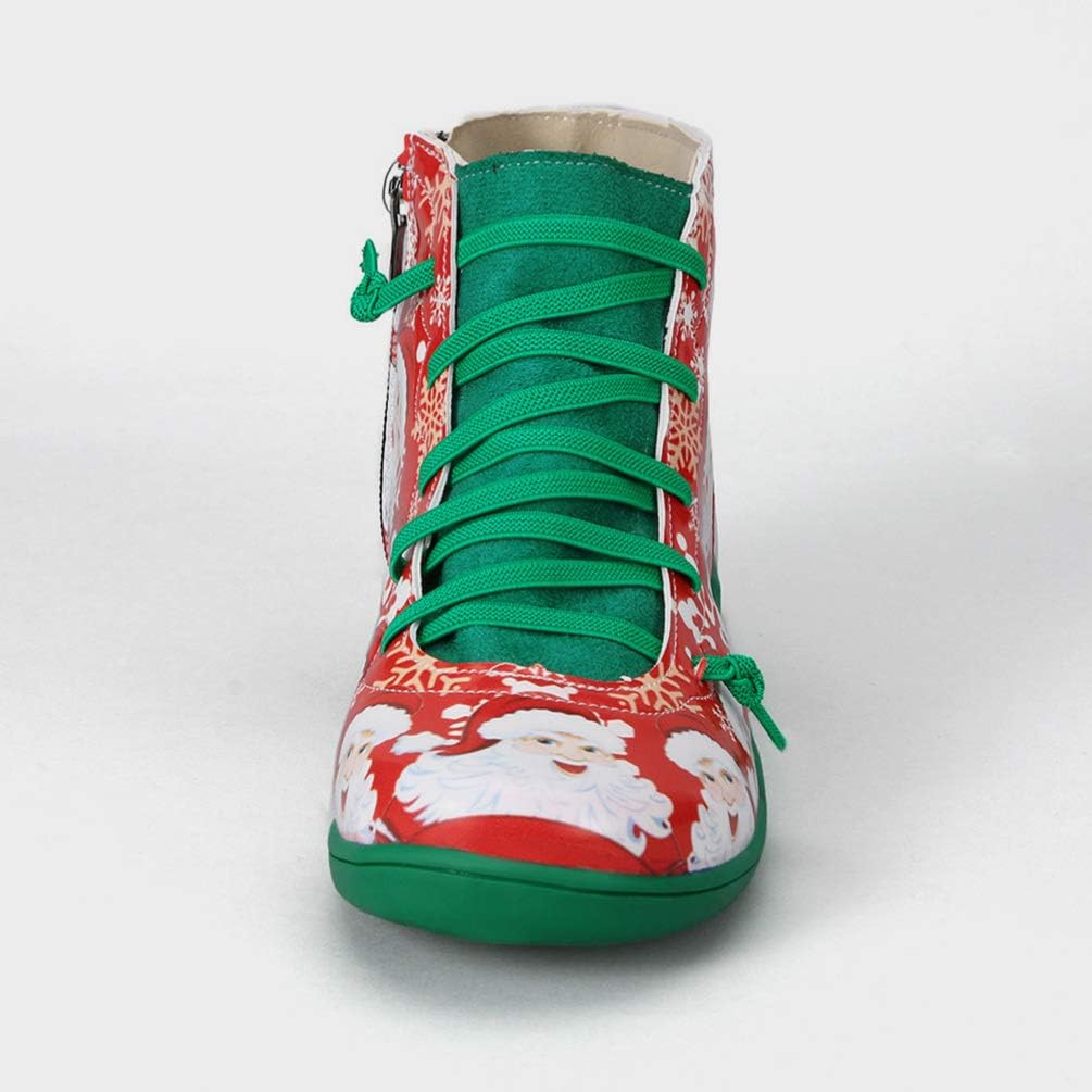 Generic Christmas Santa Claus Shoes Round Toe Lace- Up Side Zipper Xmas Printed Short Boots Santa Costume Accessory for Women Men, Green, 8.5 - Image 7