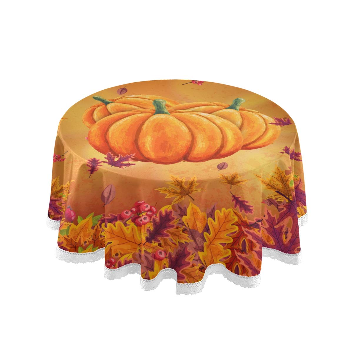 Pfrewn Autumn Pumpkin Maple Round Tablecloth Fall Sunflower Flowers Table Cloth Cover Mat Lace Washable Polyester 60