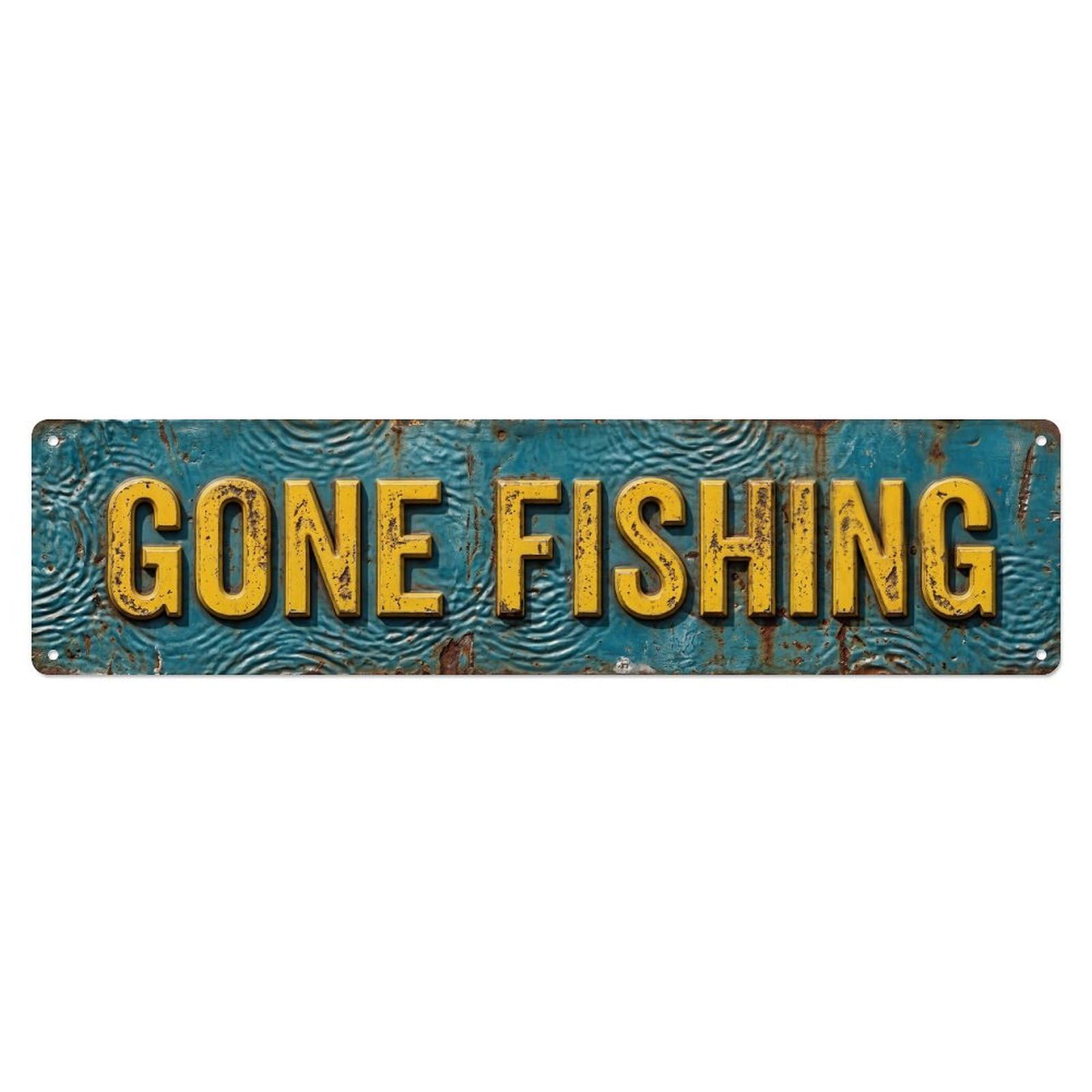 GONE FISHING Fishing Bay Vintage Metal Tin Sign Wall Decor for Cafe, Club, Garden Metal Poster 4x16Inch