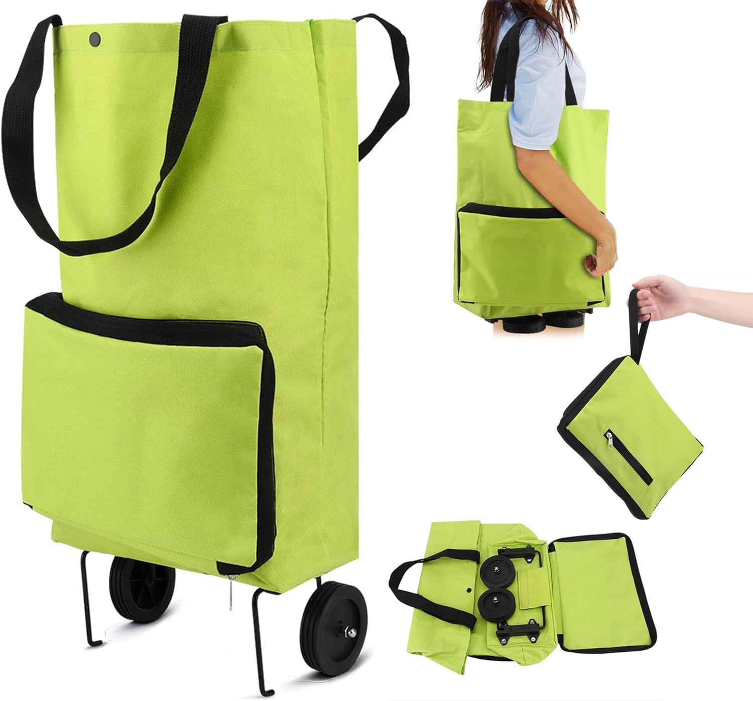 Collapsible Trolley Shopping Trolley with Rubber Wheels, Folding Bag with Rubber Wheels Foldable Cart Portable Oxford Cloth Tote Bag Reusable for Supermarket,Capacity Green-1pcs