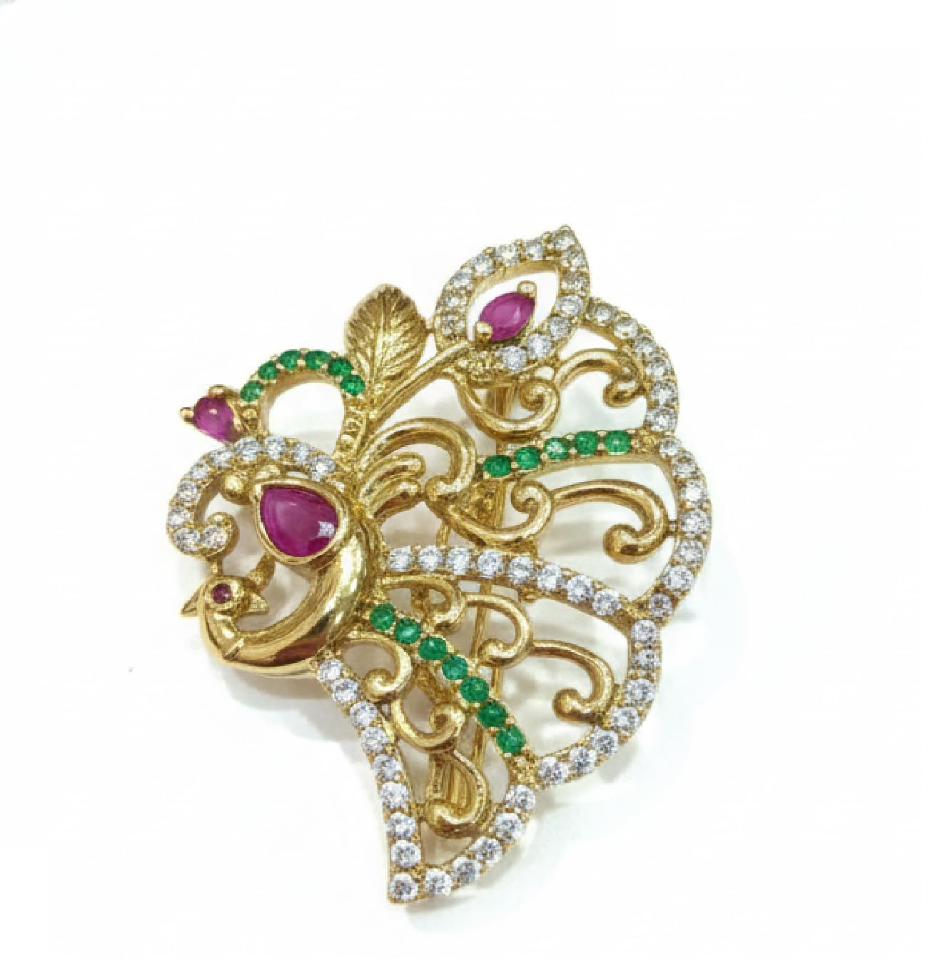 Elegant Peacock Design Gold-Plated Saree Pin/Brooch for Women with Ruby Red & Emerald Green Stones-image-40