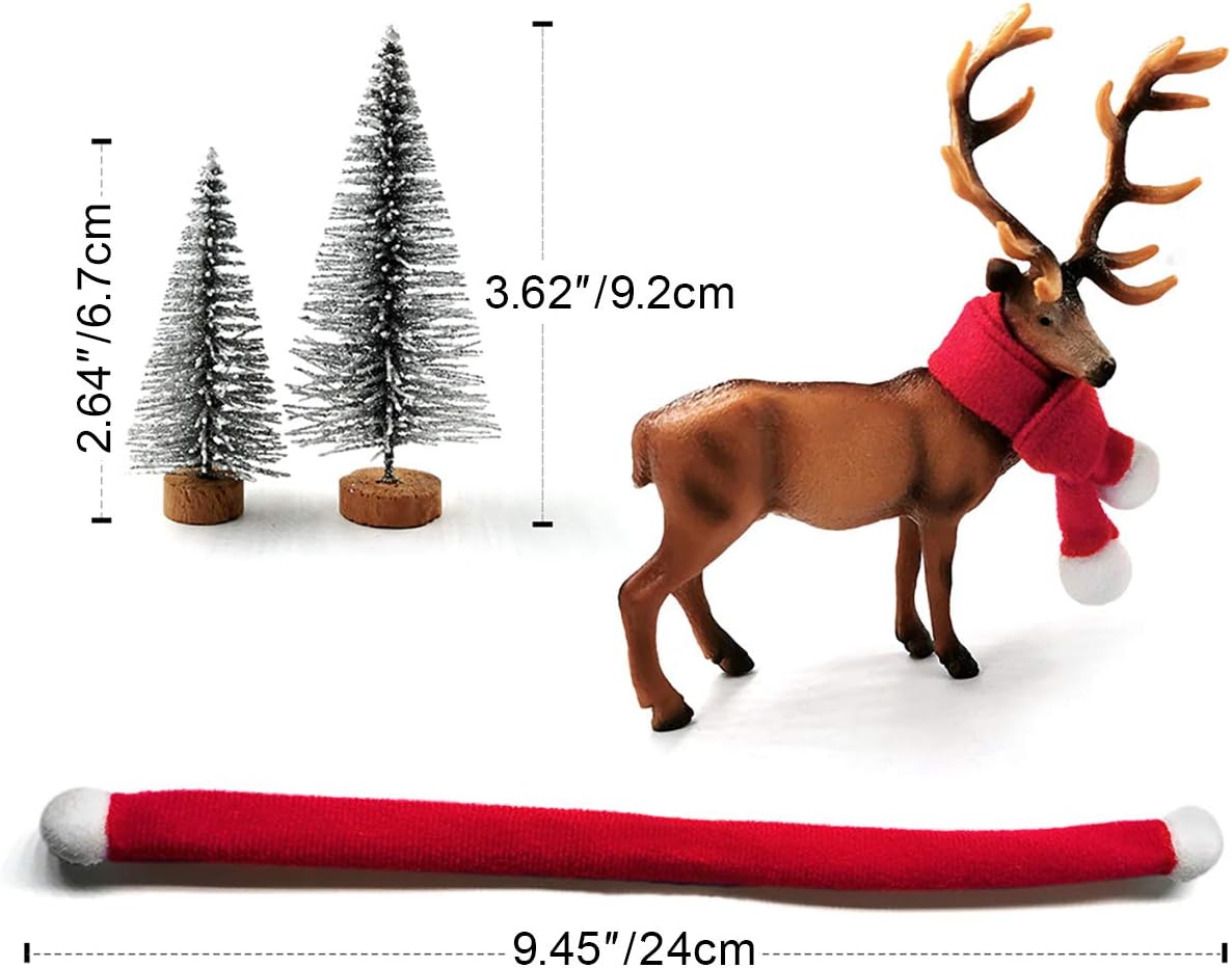 3 Pcs Christmas Deer Ornaments with 3 Pcs Scarf and 2 Small Christmas Tree, Simulation Standing Reindeer Elks Figurine Ornaments for Home Office Cafe Desktop Christmas Decoration