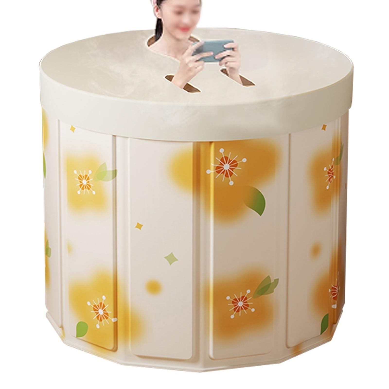Bañera Plegable Adulto para Ducha con 2 Salidas de Drenaje Bañera Portatil Adulto Bañera Exterior con Funda, Cojín Relleno de Agua, Varilla Calefactora(Yellow,80 * 65cm)