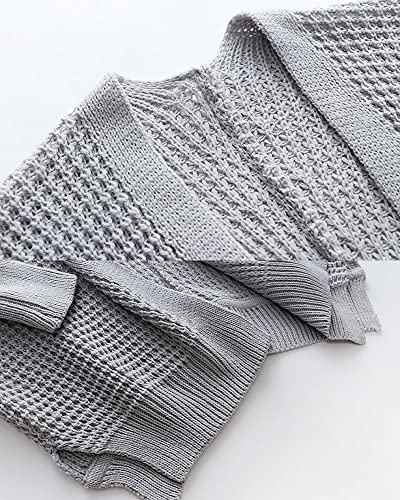 Image of Women's Waffle Cardigan Ribbed Cuffs Open Front Knit Sweater Batwing Long Sleeve Casual Loose Chunky Coat Outwear(M,Light grey2)