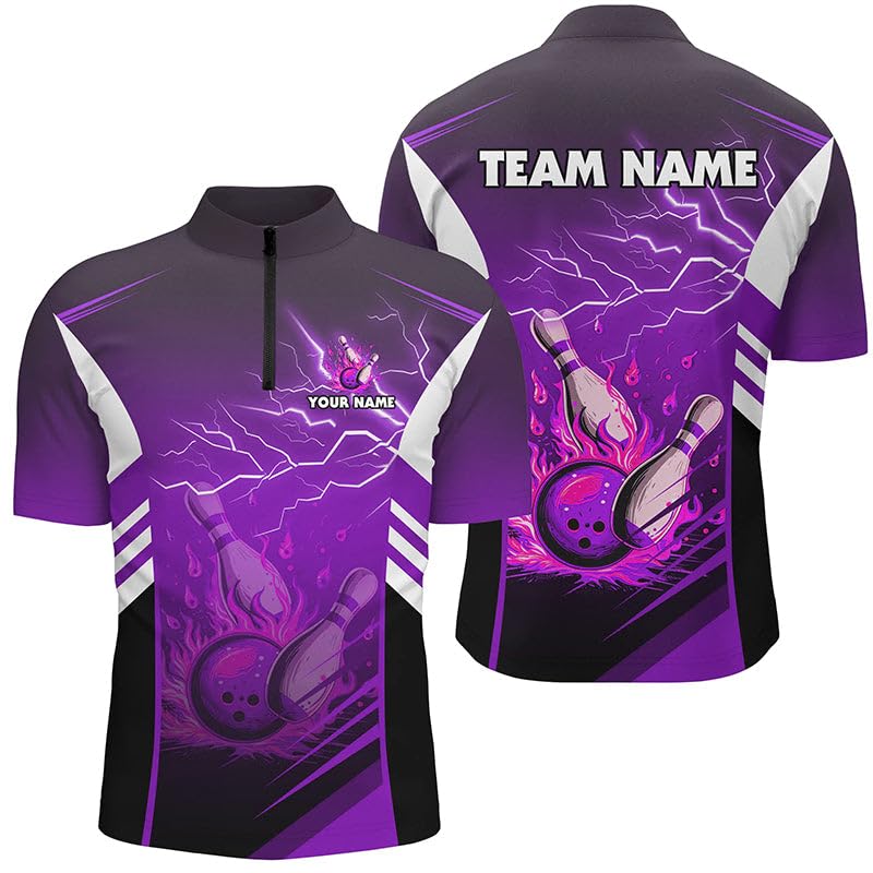 Flammen-Bowlingkugel-Pins, Blitz, individuelles Bowling-Shirt mit Polo & Viertelreißverschluss für Herren & Damen, Bowling-Teamtrikot | Lila N7479
