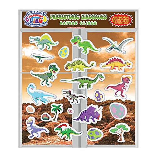 Dinosaur and Prehistoric Animals Window Clings for Kids & Toddlers (by Jesplay USA - Reusable Window Stickers Gels & Decals) Puffy Sticker Activites for Car Plane Airplan Home Décor and Classrooms