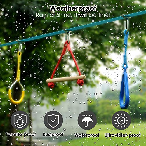 hooroor Ninja Warrior Obstacle Course for Kids and Adults - 66FT Slackline with Tree Climbing Rock Holds, Swing Seat, Monkey Bars, Ring Wheel, Rope Ladder - Outdoor Training Playset - Thumbnail 3