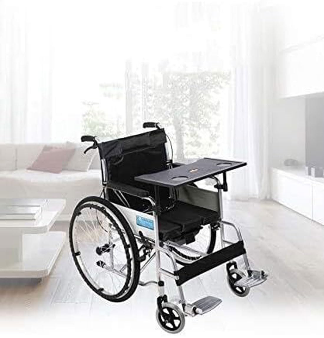 Stół z tacą na wózek inwalidzki, zdejmowany stolik na kolana dla wózków inwalidzkich i dorosłych użytkowników wózków inwalidzkich, materiał ABS, uniwersalne dopasowanie, łatwy montaż