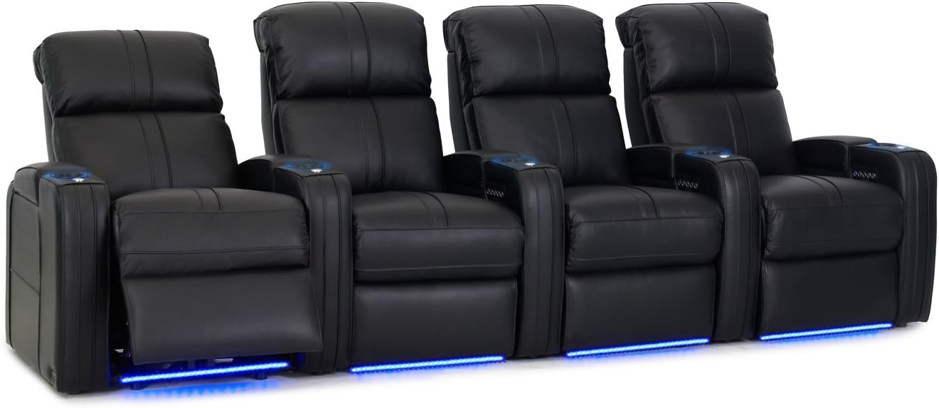 Octane Seating Flash HR Series Home Stadium Seating - Black Top Grain Leather - Power Recline - Motorized Headrest - Lighted Cup Holders (Row of 4, Black)