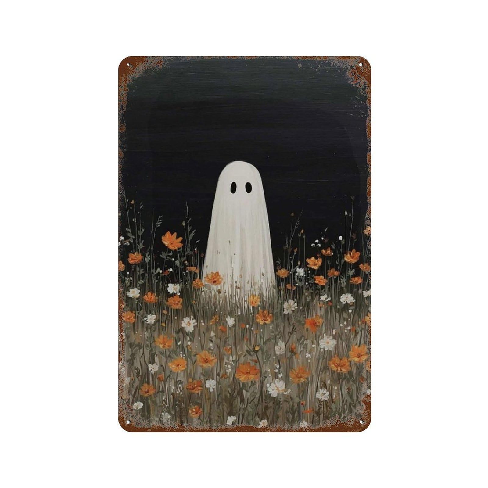 xiaoxiaoshen Ghost in The Meadow Whimsical Halloween Cozy Autumn Cute Spooky Aesthetic Painti Wall Decor Art Metal Tin Poster Modern Home Decor Art Home Bar Shop Decorations Vintage Sign 30x20cm