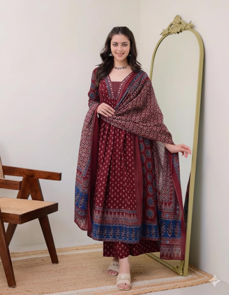 KLOSIA Women Printed Anarkali Kurta and Pant Set with Dupatta Maroon 3