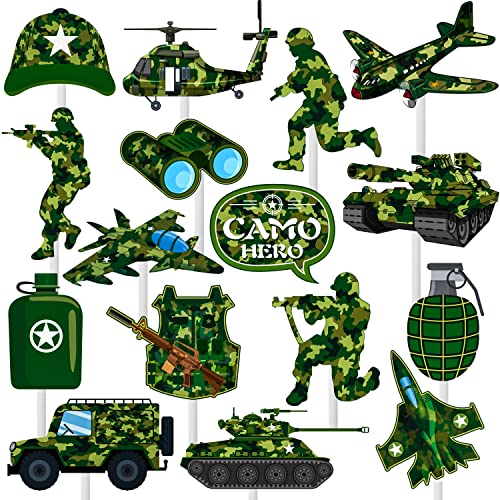 36pcs Camo Cupcake Toppers Camouflage Cake Decorations Military Cupcake Picks for Army Soldier Theme Birthday Party Baby Shower Supplies