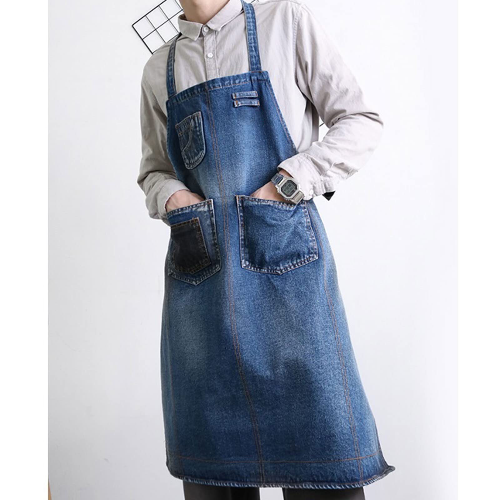 Tablier en denim délavé pour barista, travail, salon de thé, restaurant, serveur, vêtements de travail, pâtisserie, nail art, barbier (bleu), bleu, taille unique