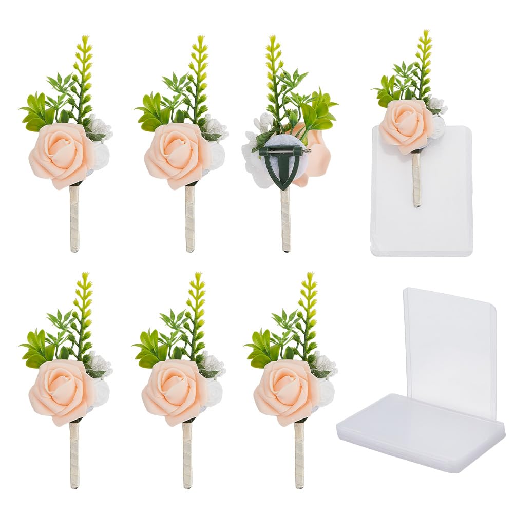 DELORIGIN DELORIGIN 6 flores en el ojal para bodas ojal para hombres con 6 fundas de plástico hechas a mano rosa para bodas novio padrino aniversario