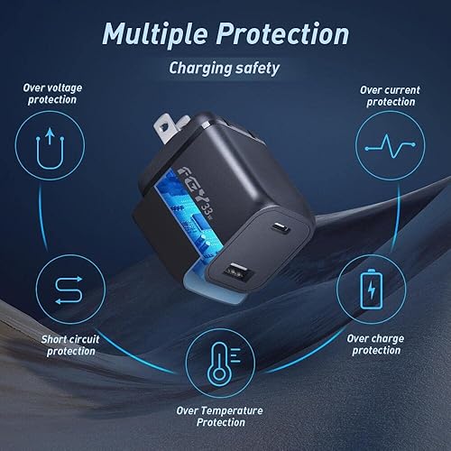 Vista 5 de FGY Cargador de pared USB C, 30 W GaN II cargador rápido bloque de carga de doble puerto, carga rápida para iPhone 14/13/12/11/Pro Negro-Paquete