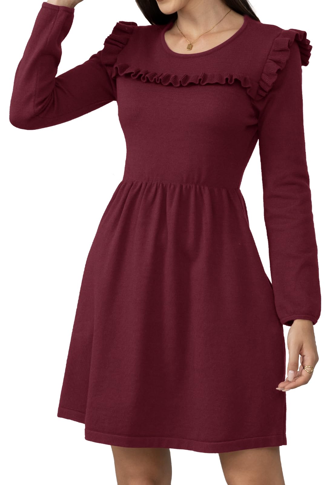 Jayscreate Womens Thick Winter Sweater Dress Elastic Waist Pocket Ruffle Shoulder 2025 Long Sleeve Business Casual Dress
