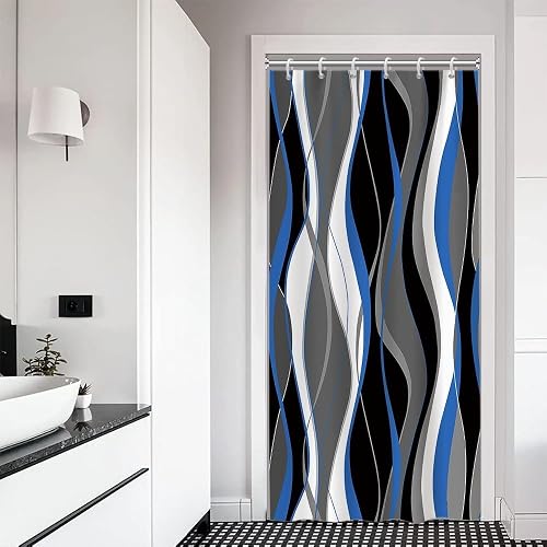 Leyiyi Modern Abstract Wave Stripes Shower Curtain Grey Black White Blue Lines W
