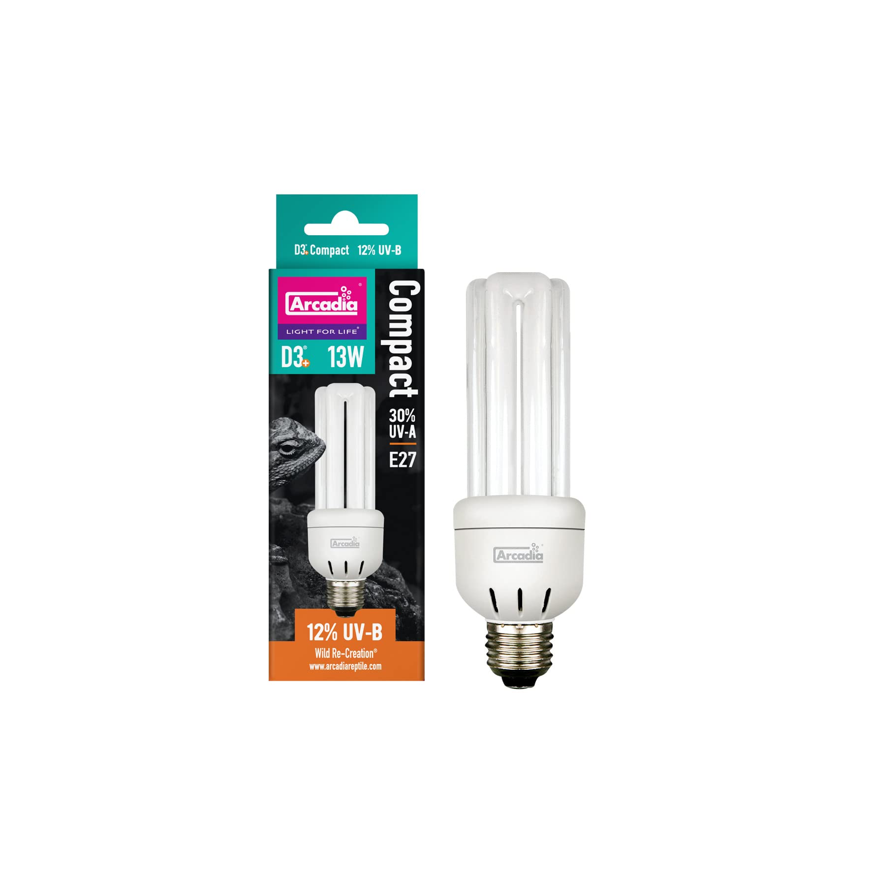 Arcadia Reptile - D3+ Mini Compact Lamp, Triple U Looped Glass D3+ 12% UV-B - Screw in Compact - 13 Watts - Full-Spectrum UV-B - HO-T5 Technology - Suitable for Reptiles