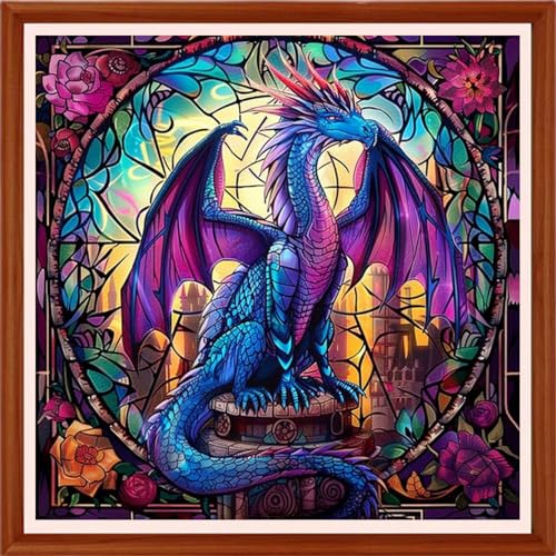 Image of Hopeart Stamped Cross Stitch Kits for Beginner Embroidery Kits for Beginners Adults DIY 11CT Cross Stitch Patterns Needlepoint Kits Crossstitching Kits-Magic Dragon Flower 18x18 inchs