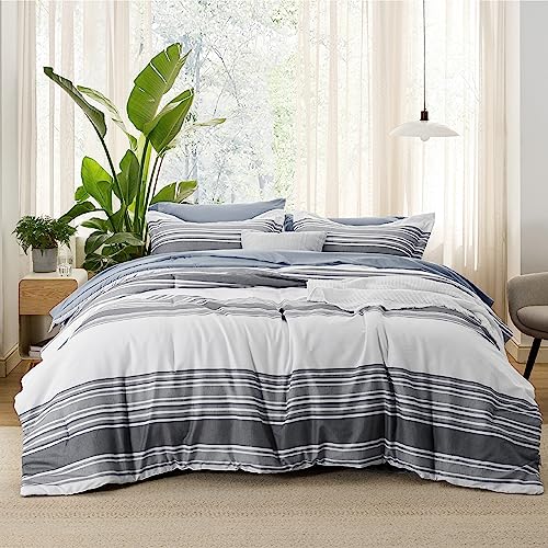 Image of Bedsure Queen Comforter Set 7 Pieces, Dark Grey Striped Bedding Set for All Seasons, Reversible, Cationic Dyeing Bed in a Bag with Comforter, Sheets, Pillowcases & Shams