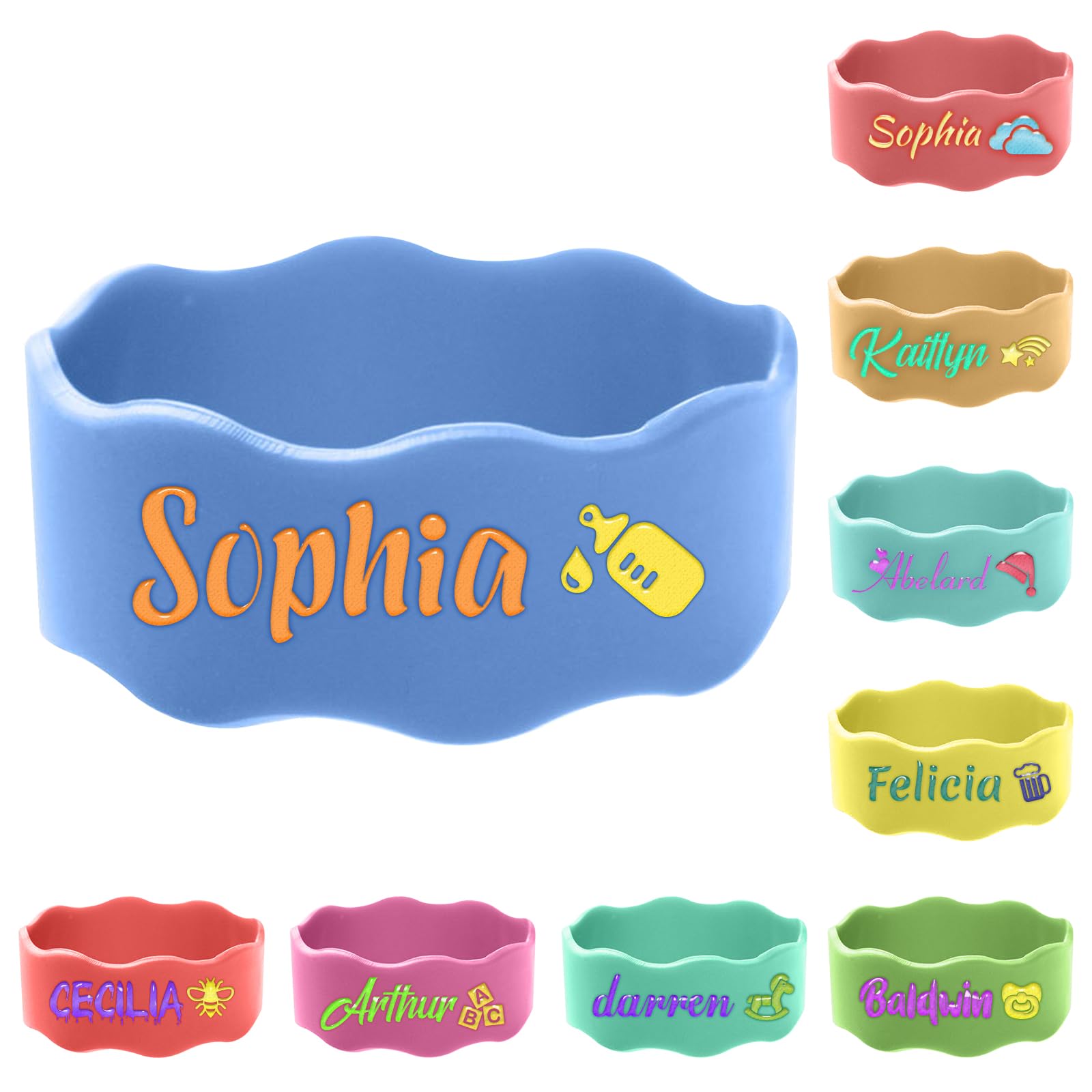 3 Pcs Personalised Water Bottle Labels Washable Daycare Essentials Cute Sippy Cup Strap Non-Slip Silicone Daycare Labels Waterproof Bottle Name Bands — image 1
