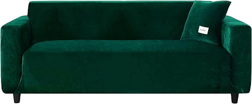 Funda elástica para sofá, funda de terciopelo suave con funda de almohada, protector de muebles para mascotas y niños (M, verde oscuro)