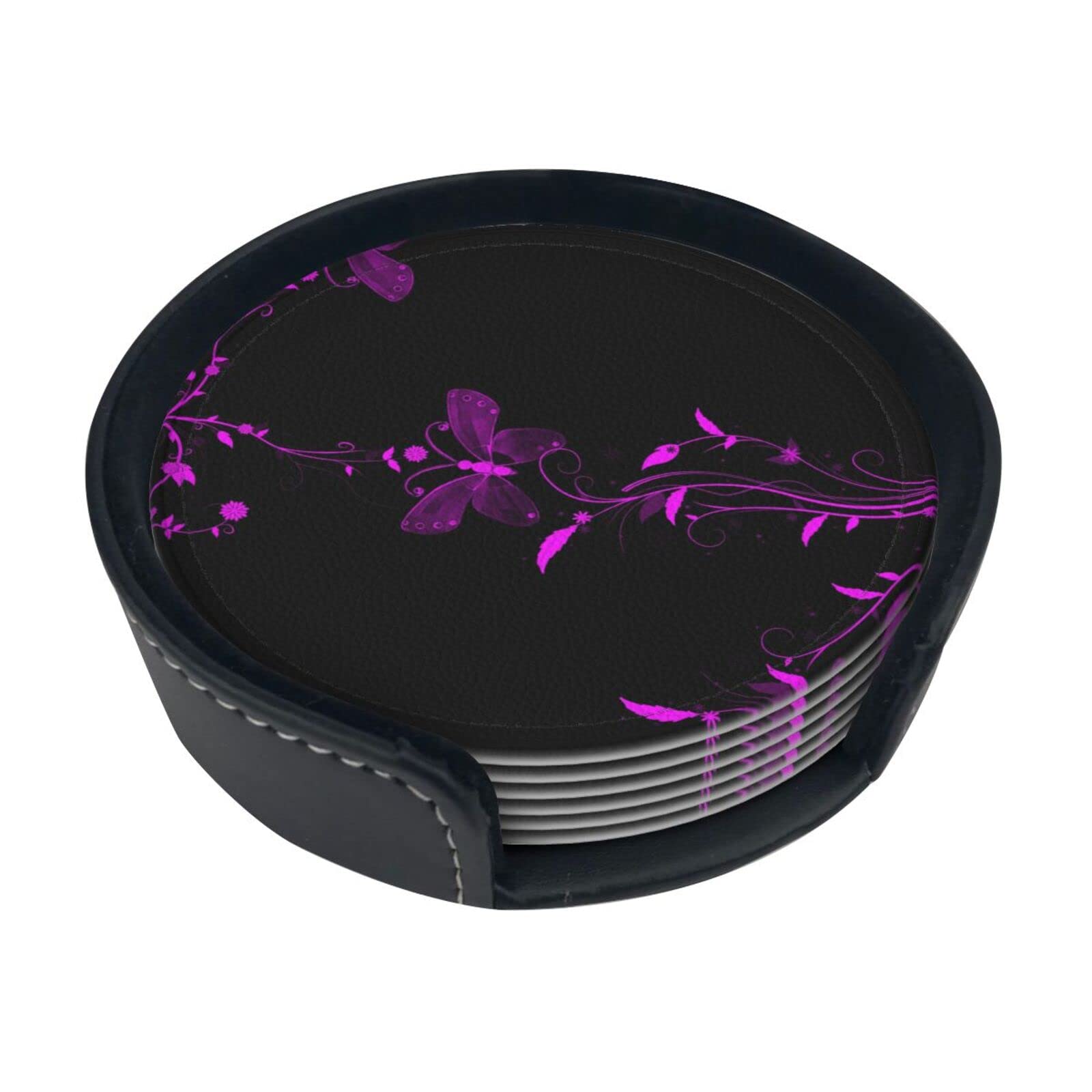 Coasters Set Of 6 Purple And Black Butterfly Print Leather Coasters For Drinks,Home Décor And Housewarming Gift