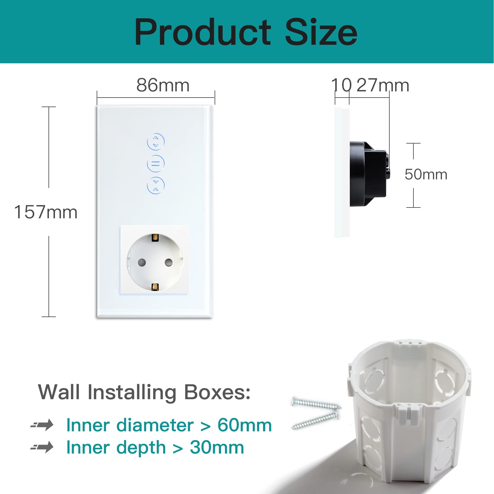 BSEED Przełącznik WiFi Smart Alexa z gniazdkiem, kompatybilny z Google Home Tuya, szklany przełącznik ekranu dotykowego, przełącznik żaluzji (wymagany przewód neutralny), biały