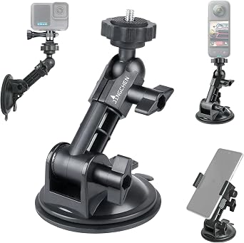Car Suction Cup Mount with Phone Holder, 360 Rotating for Action Cameras