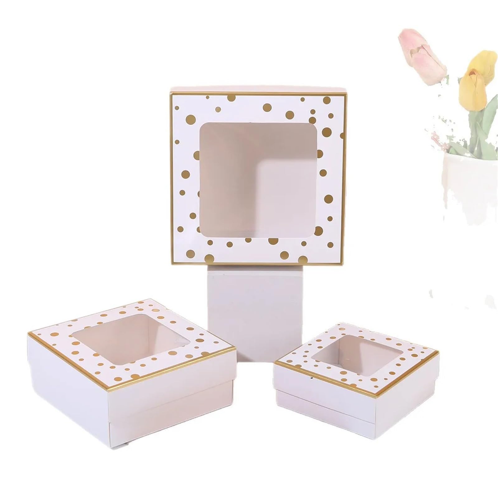 Caja Para Galletas Con Ventana Cajas de Regalo lunares dorados 12/20 piezas, cajas papel con ventana transparente for golosinas(20pcs,18x18x7.8cm)